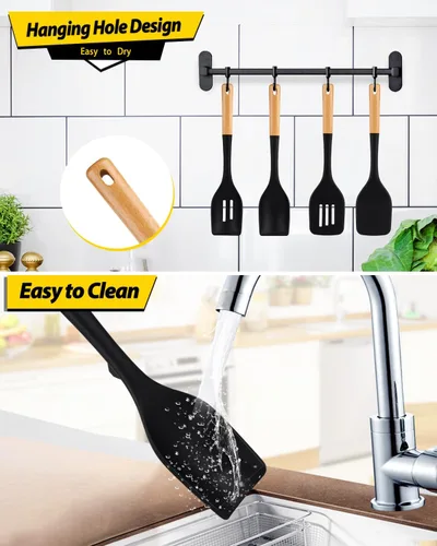 Vista 6 de Juego de 4 utensilios de cocina de silicona, espátulas sólidas antiadherentes y cucharas ranuradas resistentes al calor con mango de madera