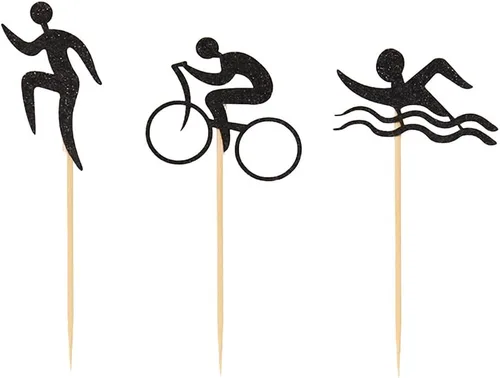 Vista 3 de 24 piezas de adornos de triatlón con purpurina negra para magdalenas, natación, correr, ciclismo, para fiestas temáticas, cumpleaños, bodas, baby