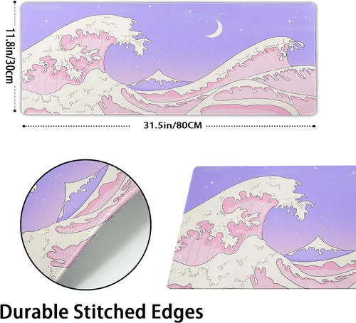 Vista 2 de Alfombrilla de mouse rosa y morada japonesa de anime Kawaii XL, linda estética de olas marinas, alfombrilla de escritorio grande extendida, base