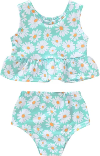 Vista 9 de YOUNGER TREE Traje de baño de verano para niñas pequeñas, sin mangas, traje de baño a rayas, traje de dos piezas, bikini