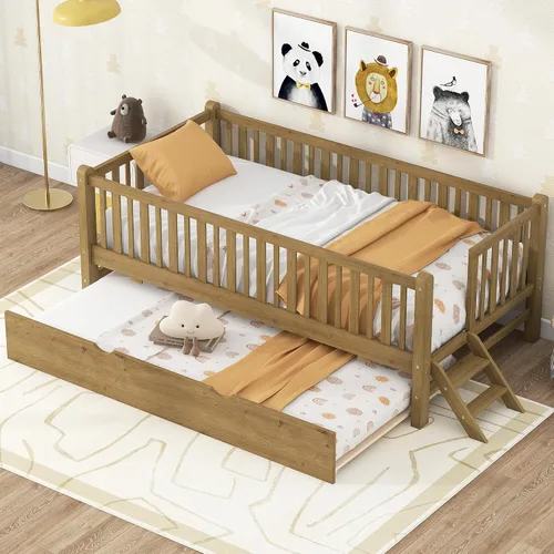 Vista 19 de Polibi Sofá cama de tamaño matrimonial, marcos de cama de día completo de madera con dos cajones y barandillas de seguridad para dormitorio, sala