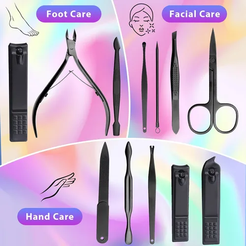 Vista 7 de CGBE Juego de cortaúñas, 12 piezas de acero inoxidable para hombres, juego de manicura y pedicura para regalos para hombres, color negro