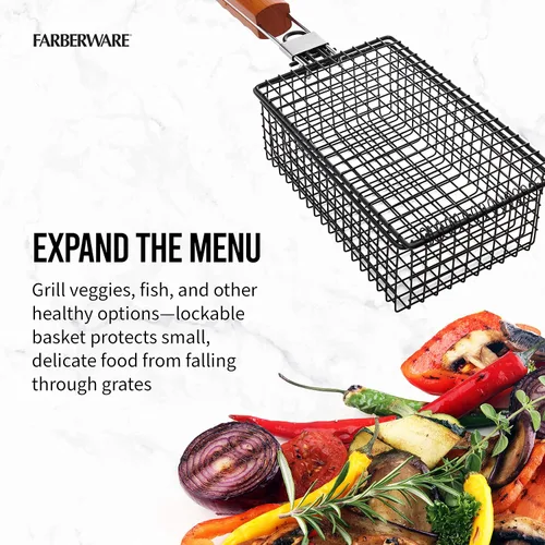 Vista 5 de Farberware 5290488 - Cesta para barbacoa con mango plegable, color negro y madera