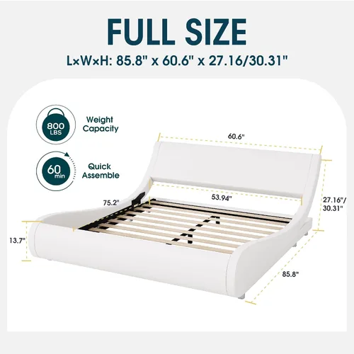 Vista 2 de WEEWAY Base de cama moderna tapizada de tamaño matrimonial, cama de trineo de piel sintética con cabecera ajustable, soporte de listones de madera