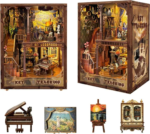 Vista 12 de Kit de rincón de lectura - Kit de casa de muñecas DIY en miniatura de madera con cubierta de polvo, estantería decorativa, rompecabezas 3D