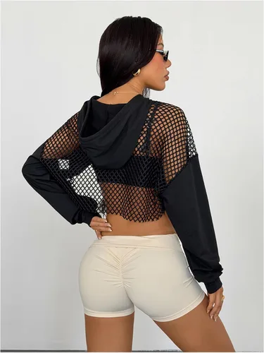 Vista 3 de SweatyRocks - Sudadera de manga larga, informal, corta, con diseño de abertura frontal, para mujer Negro sólido
