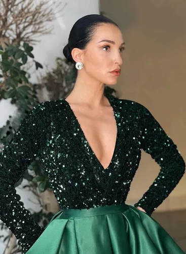 Vista 3 de Vestidos de fiesta de manga larga con cuello en V para mujer con abertura y lentejuelas, vestidos de noche formales de satén
