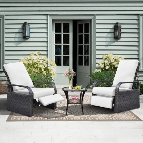 Vista 10 de Silla reclinable de aire libre para patio, resina de mimbre con cojines amortiguadores, auto ajustable, sofá de ratán, UV/Fade/Resistente al Mimbre
