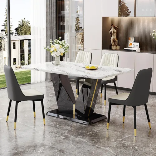 Vista 13 de Juego de mesa de comedor de 5 piezas, juego de mesa de comedor moderno de mármol de 63 pulgadas para 4, juego de mesa de cocina blanca para 4, juego