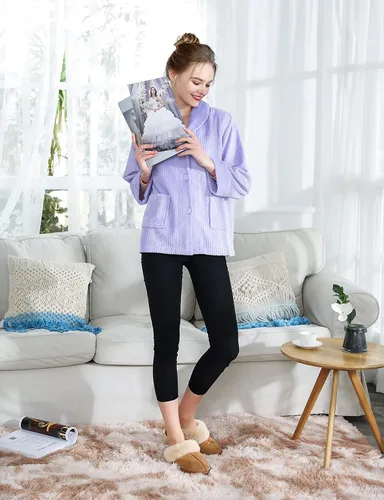 Vista 3 de Chaqueta de cama para mujer, color morado claro, con aguja, forro polar, con botones