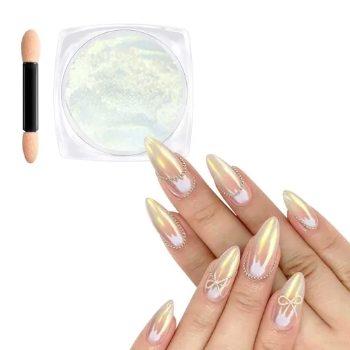 Vista 19 de Polvo de uñas cromado dorado LEDSUUEI Super Mirror Nail Glitter, polvo de metal Holo cromo para uñas, pigmento blanco aurora, dona vidriosa perla