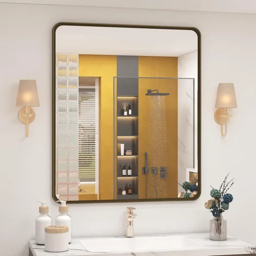 Vista 36 de OKPAL - Espejo de tocador de baño de 20x24 pulgadas con marco de metal cepillado en bronce, espejo de baño con marco de metal cepillado en bronce