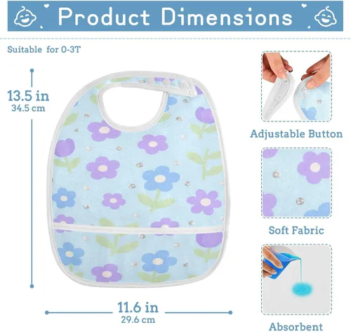 Vista 4 de Adjustable Baby Drooling Bibs with Button Snap 2 Pack Teething Feeding Lovely Blue-purple Flowers baberos para nino paquete