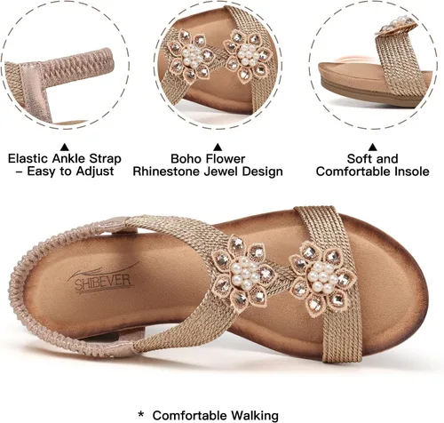 Vista 3 de SHIBEVER Sandalias de cuña para mujer, de verano, elegantes, cómodas, de moda, para caminar, correa al tobillo y hebilla