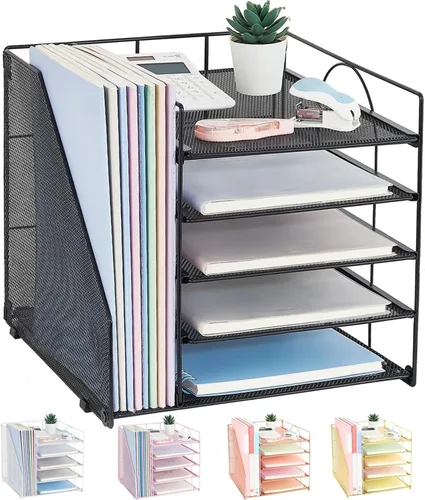 Vista 15 de LEKETREE Organizador de escritorio y accesorios, organizador de bandejas de papel de 5 niveles con cajón y 2 soportes para bolígrafos