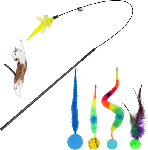 Vista 13 de SHENGSEN Juguete de varita de plumas para gatos, pelota inflable con cola para gatos, gusano mágico con juguete de bola grande y colorida