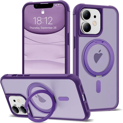 Vista 23 de Funda para iPhone 11 de 6.1 pulgadas con soporte de anillo magnético giratorio de 360°, compatible con MagSafe ligera y translúcida mate, funda