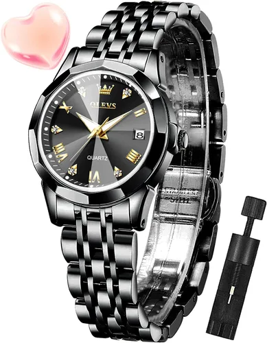 Vista 13 de OLEVS Reloj de mujer con diamantes de moda, analógico, de cuarzo, de acero inoxidable, para mujer, pequeño, para fecha, impermeable, luminoso