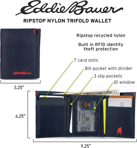 Vista 8 de Eddie Bauer Men's Fabric Trifold Wallet Money Clip RFID Protection ID Window Genuine Leather EDC