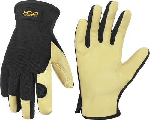 Vista 20 de HANDLANDY Guantes de jardinería de cuero para hombre, guantes de trabajo utilitarios para mecánicos, construcción, conductor