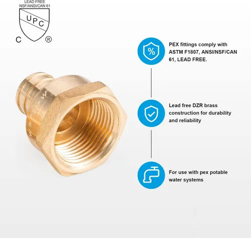 Vista 3 de (5 unidades) Adaptador de rosca NPT hembra de 3/4 pulgadas PEX x 3/4 pulgadas F1807, conector de engarce de latón LF para tubería PEX-b