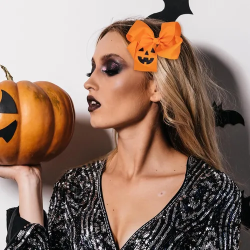 Vista 5 de Lazos para el pelo de calabaza para mujeres y niñas, 2 piezas de 4.5 pulgadas, lindo naranja para otoño, Acción de Gracias, Halloween, pasador