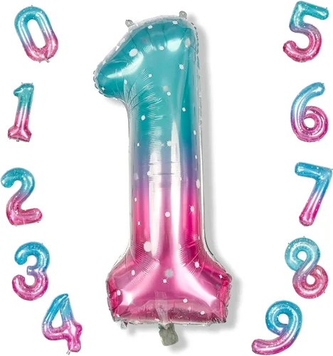 Vista 116 de Globos de Sirena Número 0 de 40 Pulgadas, Juego de Globos de Números Grandes Morado Verde Azulado Arcoíris 0-9, Globos de Números de Papel