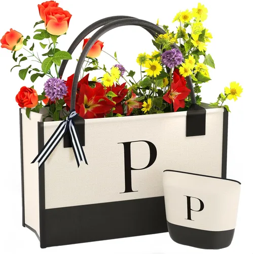 Vista 12 de Monogrammed Canvas Tote Bag with Zipper Pockets - Ideal Gift for Mom, Teacher, Sister