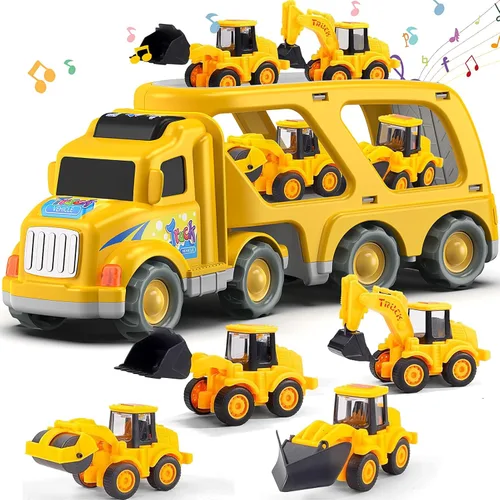 Vista 8 de Veslier Juguetes de camión de construcción 9 en 1 para edades de 3, 4, 5, 6 años, vehículos con sonidos y luces en camión transportador, juguetes