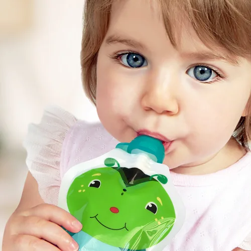Vista 4 de ChooMee SoftSip - Tapas para bolsas de alimentos, 4 colores + funda morada, evita derrames y protege la boca de los niños