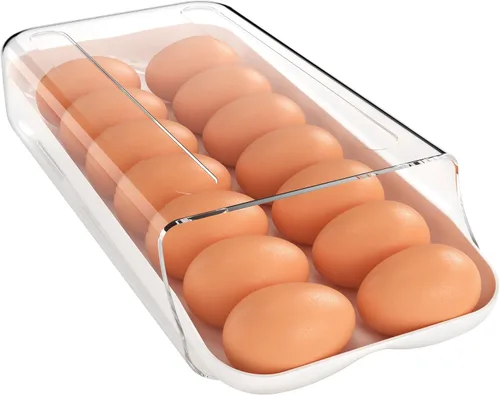 Vista 10 de theaoo Soporte para huevos para refrigerador, contenedor de huevos enrollable automático para refrigerador, dispensador de huevos de plástico