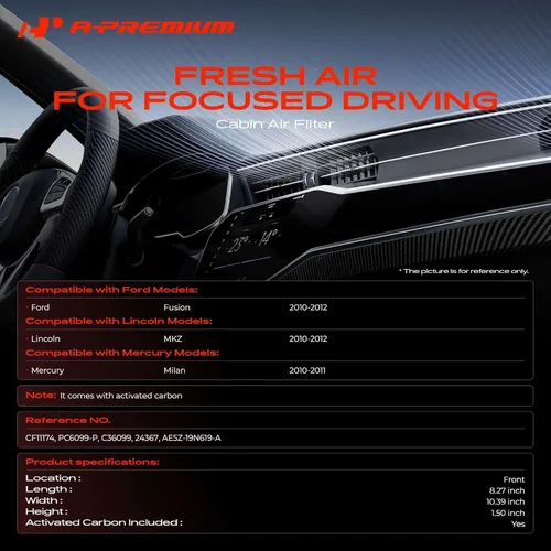 Vista 2 de Filtro de aire de habitáculo A-Premium con carbón activado compatible con Ford Fusion 2010-2012 & Lincoln MKZ 2010-2012 & Mercury Milan 2010-2011