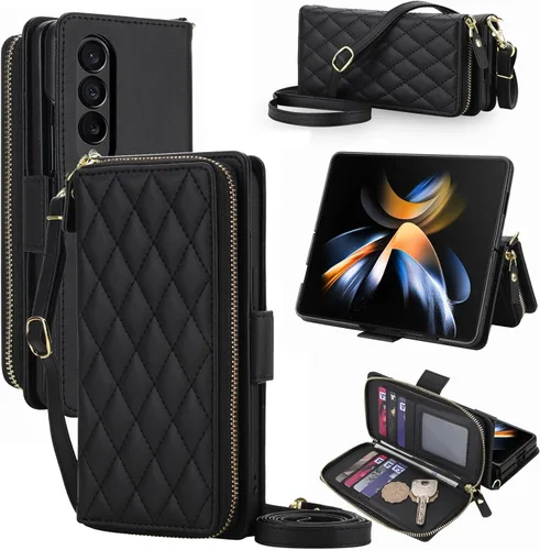 Vista 16 de Compatible con Samsung Galaxy Z Fold 3 5G 2021 - Funda tipo cartera con cremallera y bloqueo RFID, correa para tarjetero, ranuras para tarjetas Rojo