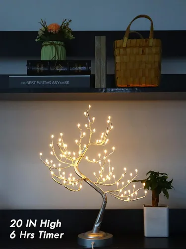 Vista 2 de Lámpara de mesa de árbol de hadas de color blanco cálido, árbol de Navidad con ramas iluminadas con luces brillantes, funciona