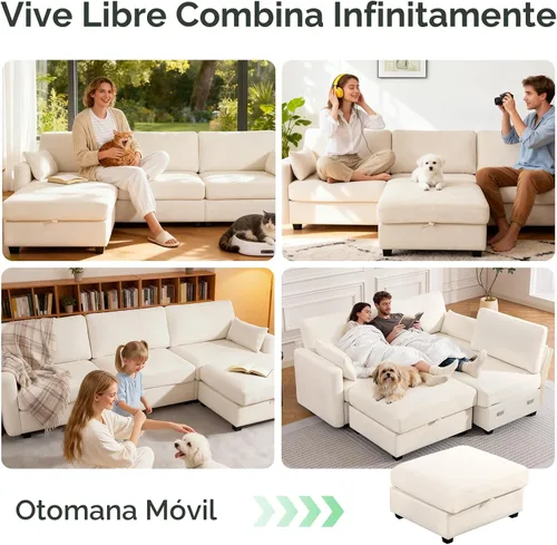 Vista 4 de Sofá modular de 109 pulgadas, sofá en forma de L con otomana de almacenamiento, cómodo sofá nube con asiento profundo, sofás seccionales Beige