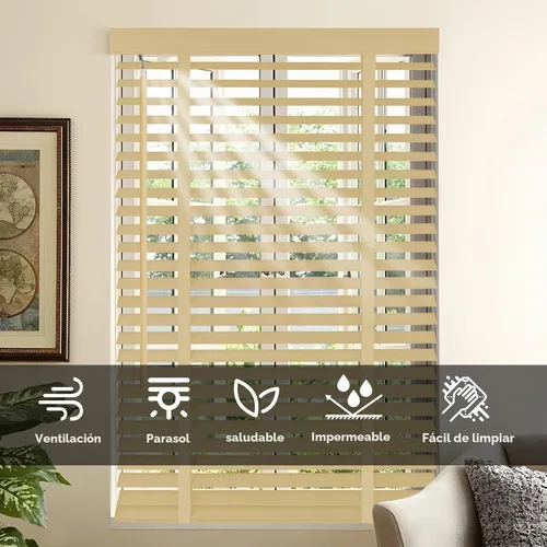 Vista 4 de Persianas de madera con listones de 2 pulgadas para ventanas de interior: persianas opacas de madera maciza, persianas horizontales de privacidad
