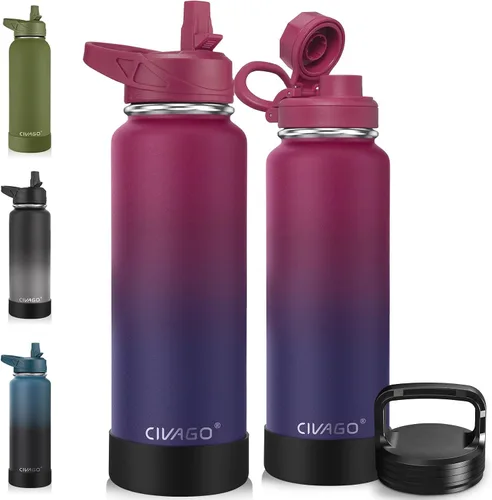 Vista 40 de CIVAGO Botella de agua aislada de 22 onzas con pajita, frasco de agua deportiva de acero inoxidable con 3 tapas