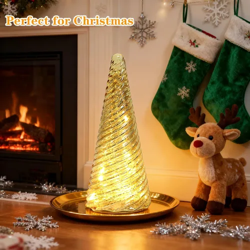 Vista 7 de Decoraciones de árbol de Navidad de vidrio para interiores, luz LED de mercurio decorativa de mesa para chimenea y hogar, luces nocturnas