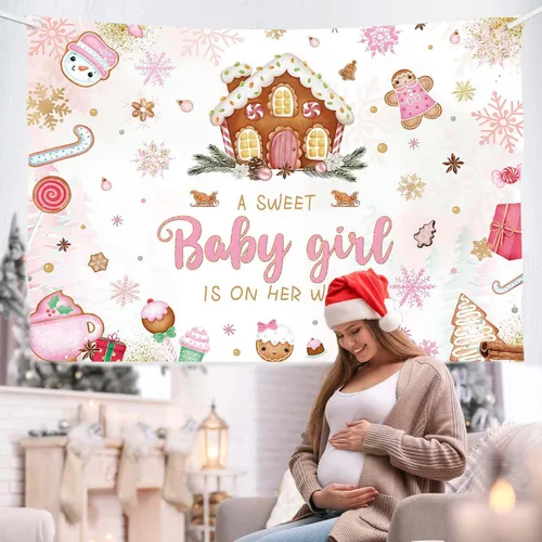 Vista 3 de MEHOFOND Fondo de Navidad de 7 x 5 pies para baby shower con texto en inglés "A Sweet Baby Girl is On Her Way", fondo de fotografía de copo de nieve