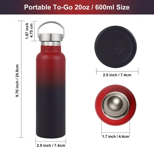 Vista 5 de Neihepal Botellas de agua aisladas de 20 onzas a granel, paquete de 2 botellas deportivas de doble pared de acero inoxidable con tapa de asa, termo