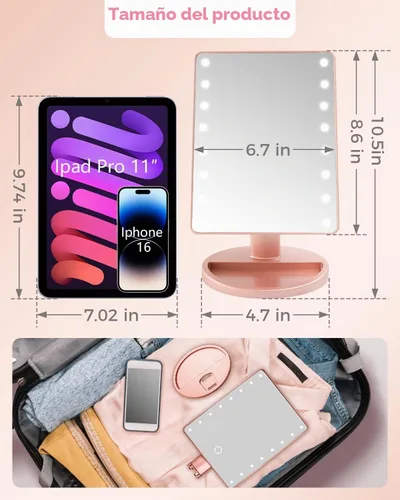 Vista 6 de Espejo de maquillaje iluminado con luces, espejo de tocador con luces, 16 luces LED, espejo de escritorio regulable con luz, fuente de alimentación