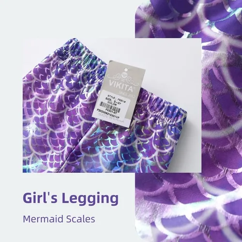 Vista 3 de VIKITA Leggings elásticos para niñas con escamas brillantes, pantalones ajustados de colores elegantes para fiesta de cumpleaños de 2 a 12 años