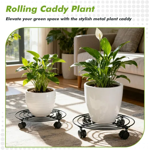 Vista 7 de Paquete de 3 organizadores grandes de metal para plantas con ruedas de 13.8 pulgadas, soporte rodante resistente con ruedas para macetas