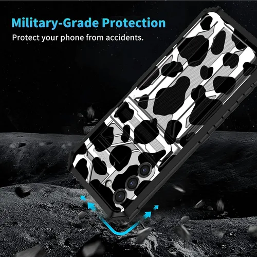 Vista 6 de Funda para Galaxy S21 FE 5G 2022 con soporte, funda de doble capa de policarbonato duro de TPU suave, estampado de vaca, estampado animal