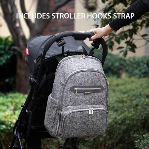 Vista 9 de SUNVENO Mochila para pañales, bolsas de pañales grandes para bebés con cambiador portátil para mamás y papás, Gris, Mochilas de viaje