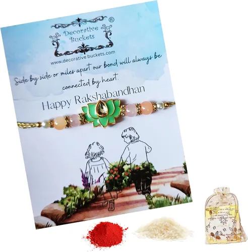 Vista 4 de Rakhi adulto Rakhi para hermano Rakhi para Bhaiya combo de mauli Rakhi hecho a mano con tarjeta de felicitación y Roli Chawal Rakshabandhan moli