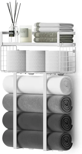 Vista 15 de Xstydes Toalleros para baño, toallero de metal con cesta de almacenamiento, toallero de pared para toallas enrolladas, almacenamiento de toallas