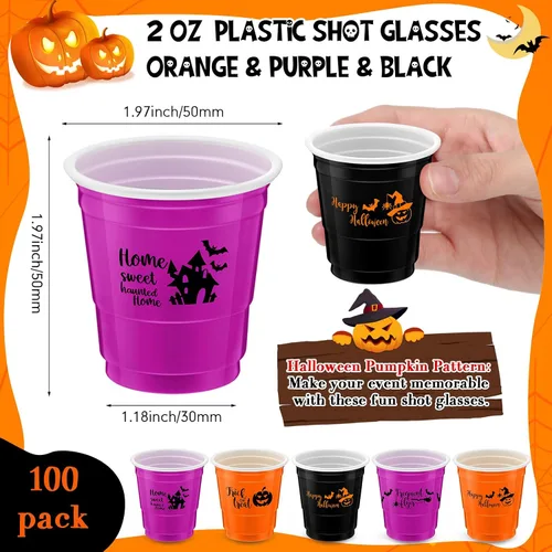 Vista 2 de Lounsweer 100 vasos de plástico para Halloween, vasos desechables de 2 onzas, mini vasos de fiesta de 2 onzas para despedida de soltera, cumpleaños