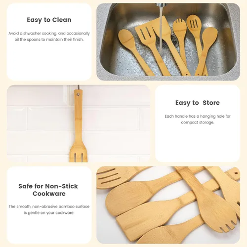 Vista 4 de HAKSEN Bamboo Wooden Spoons for Cooking 6-Piece, Nonstick Bamboo Kitchen Utensils Set Wood Spatulas Spoons for Daily Use, Housewarming Gifts