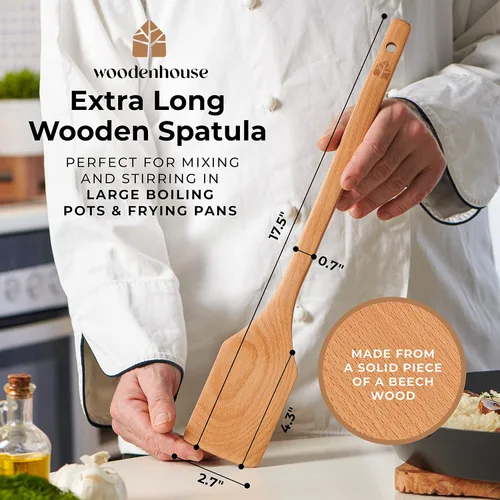 Vista 2 de Cucharón de madera largo de 17.5” – Paleta para cangrejos, espátula de madera para cocinar – Cucharón de madera de haya de mango largo para cocina